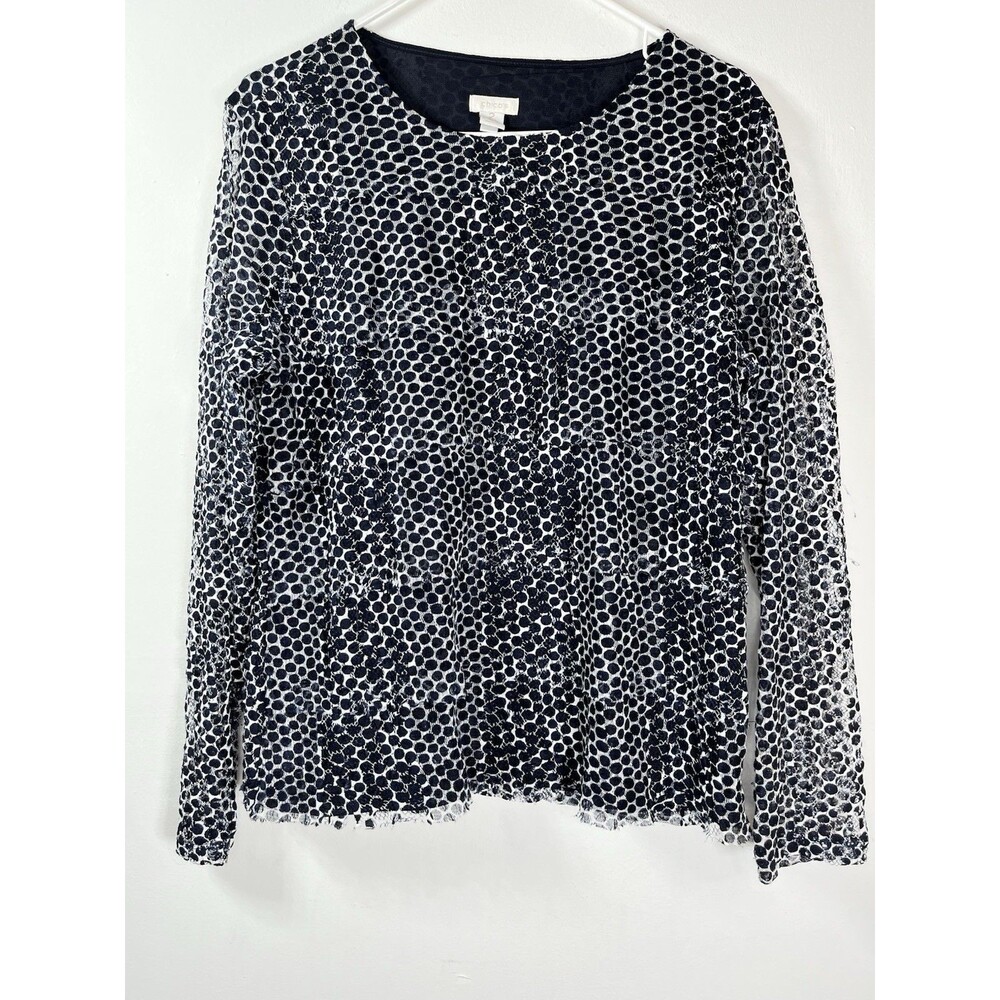 Chicos Navy Sheer Mesh Layers Abstract Dot Long Sleeve Knit Top Blouse sz 2 / L